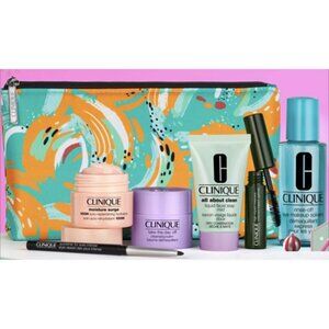 CLINIQUE 7pc Makeup GWP Moisture Surge Eyeliner Mascara All About Clean Soap NIP